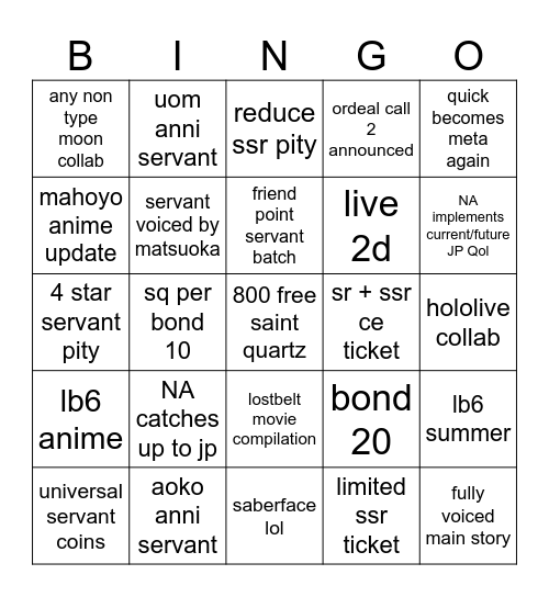 FGO 8th Anniversary Bingo Card