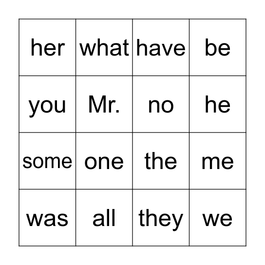 High Frequency Words Bingo Card