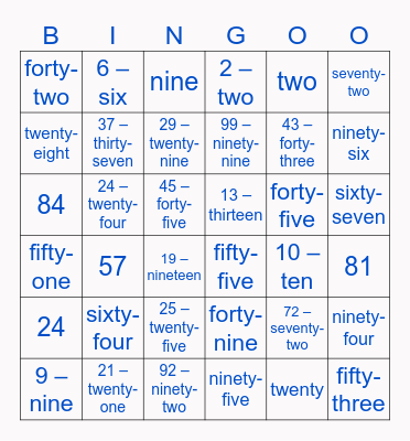 Number Word Bingo Card