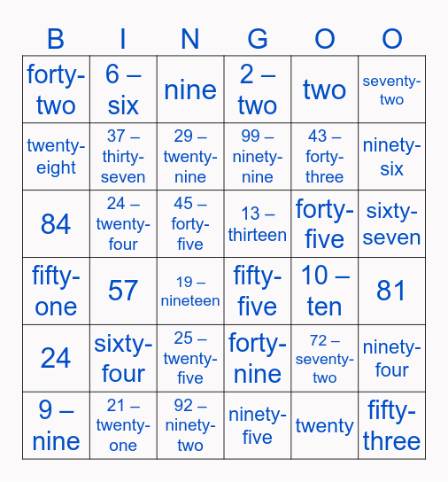 Number Word Bingo Card