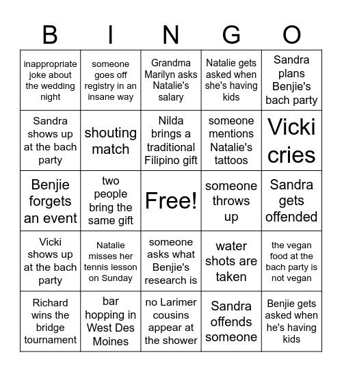 Bach and Bridal Weekend Bingo Card