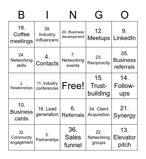 Networking Bigno Bingo Card