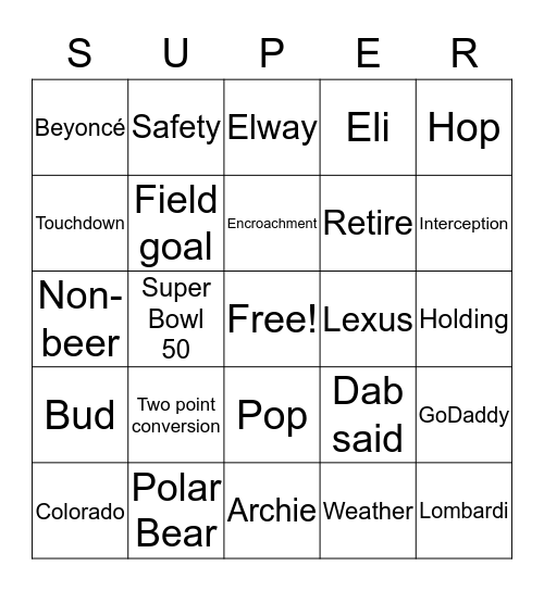 Super Bowl 50  Bingo Card