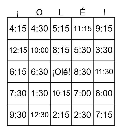 La hora digital Bingo Card