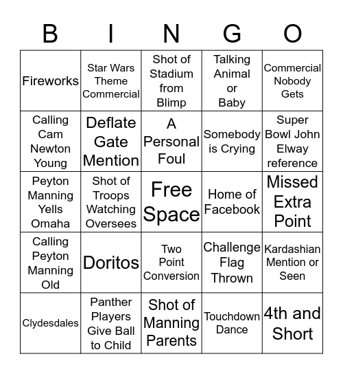 Super Bowl 50 Bingo Card