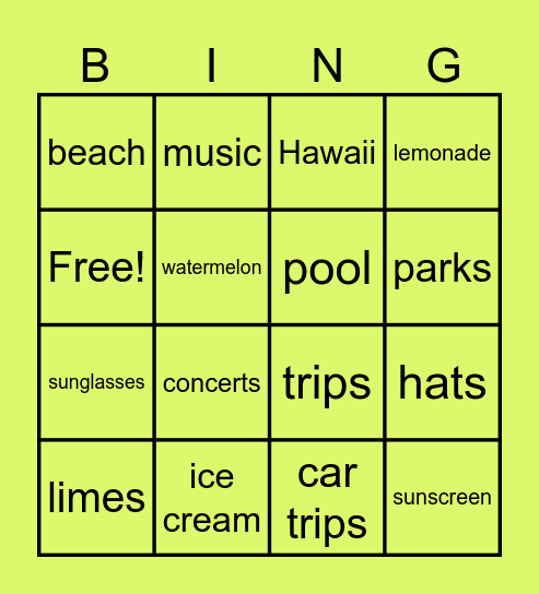 Summer Bingo Card