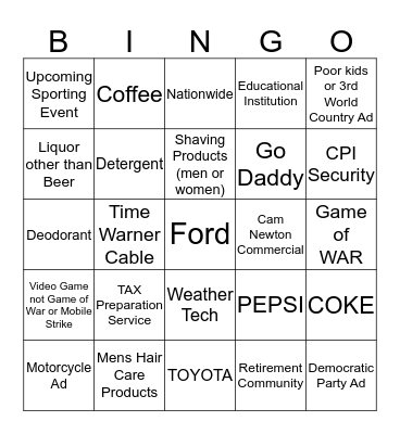 Superbowl Commercial Bingo Card