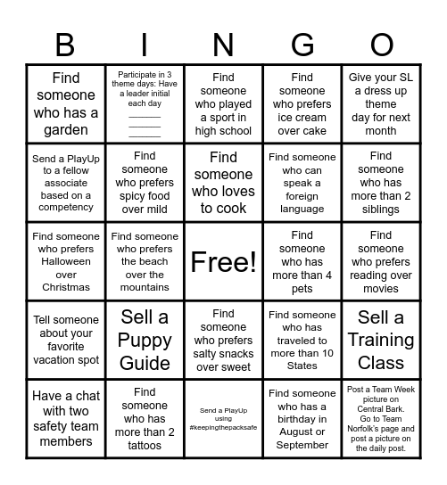 Norfolk Team Week Bingo Card