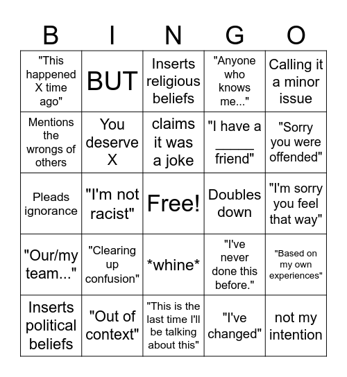 Bad Apology Bingo Card