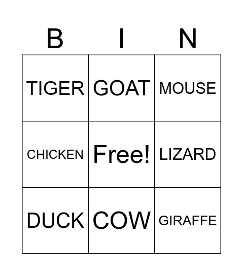 ANIMALS Bingo Card