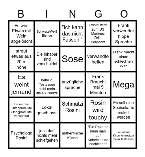 Rosins Restaurant Bingo Card