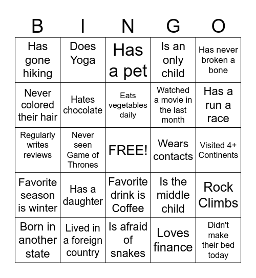 Get to Know You Bingo Card