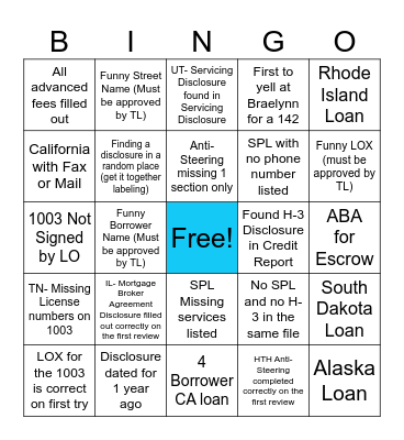 Disclosures Bingo! Bingo Card