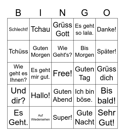 German Greetings Bingo Card
