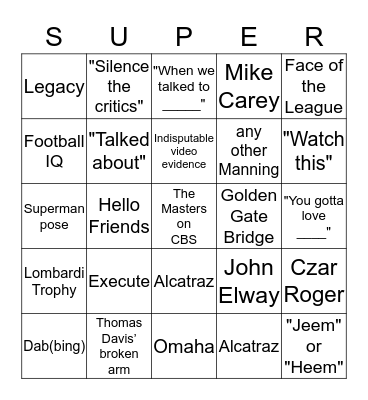 Super Bowl 50 Bingo Card