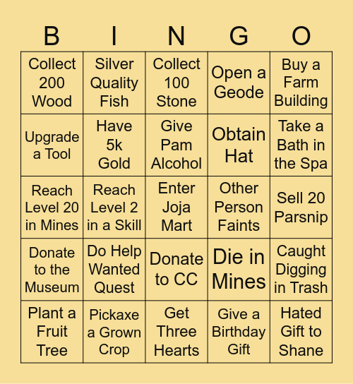 Stardew Bingo Card