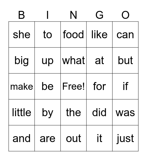 Sight Word Bingo Card