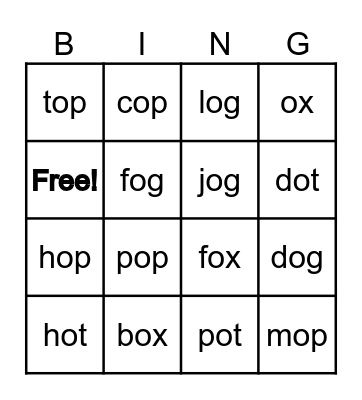 Short Vowel O Bingo Card