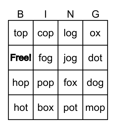 Short Vowel O Bingo Card