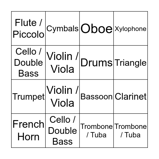 Instruments of the Orchestra Bingo Card