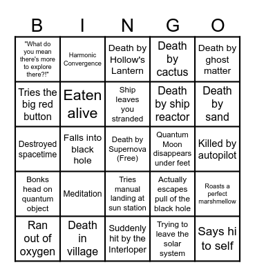 Outer Wilds playthrough Bingo Card