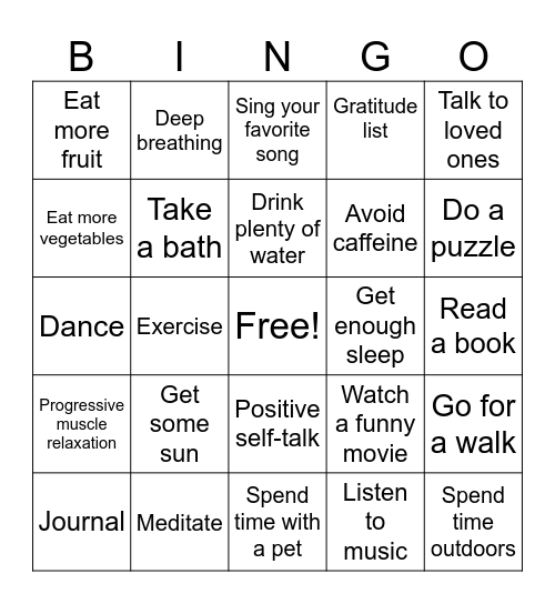 Stress Relief Bingo Card