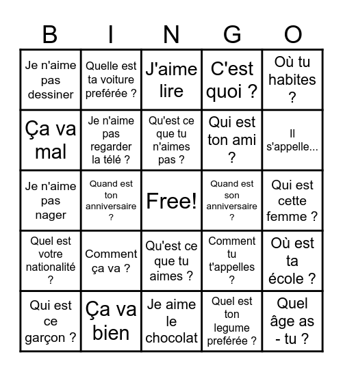 Les mots interrogatifs Bingo Card