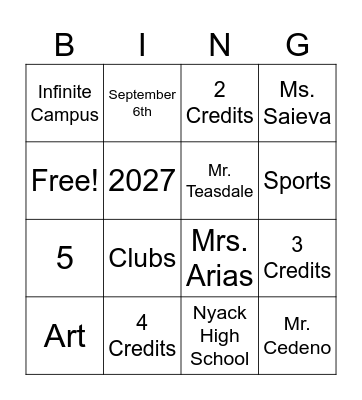 Freshmen Orientation BINGO Card