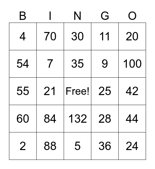 Multiplication Bingo Card