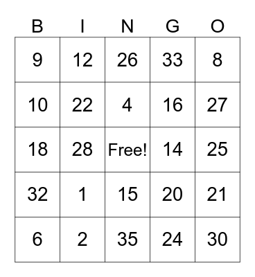 Multiplication Bingo Card