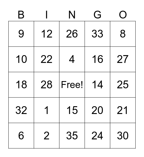 Multiplication Bingo Card