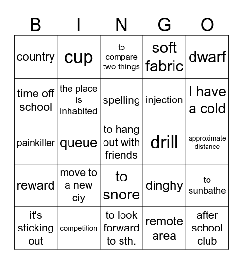 Vocabulary revision Bingo Card