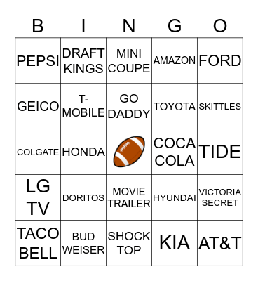 Superbowl Commercial BINGO Card