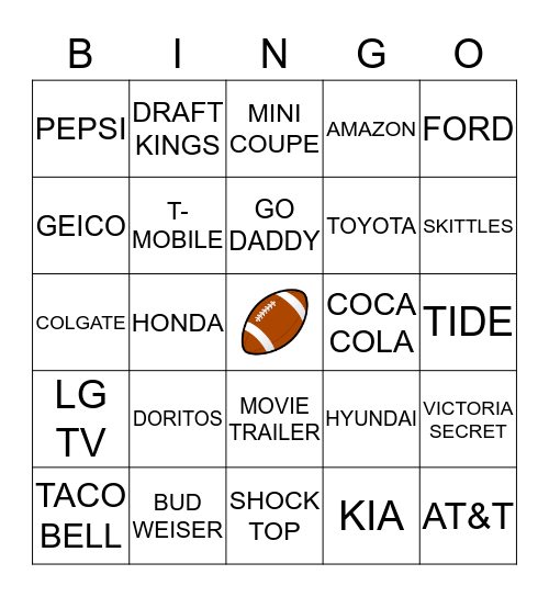 Superbowl Commercial BINGO Card