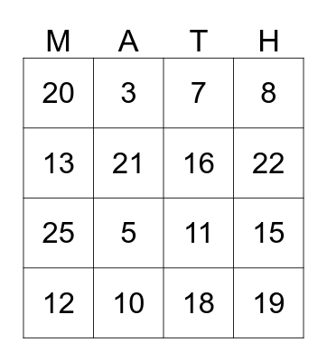 Math Facts Bingo Card