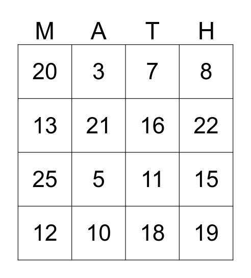 Math Facts Bingo Card