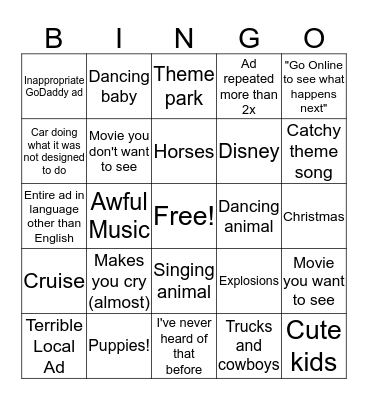 2016 Super Bowl Commercial Bingo Card