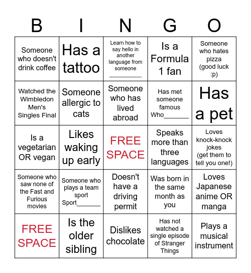 GET TO KNWO Bingo Card