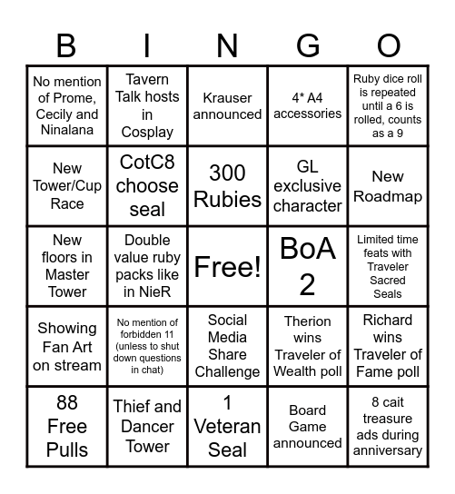 CotC Anniversary Bingo Card
