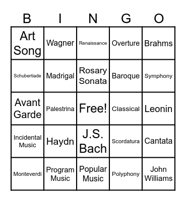 Musical Bingo Card