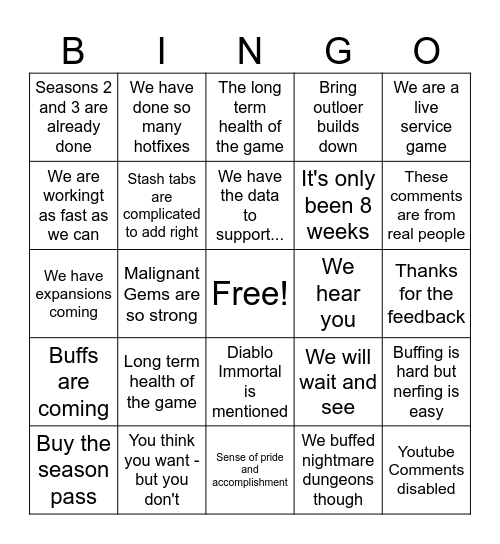 Diablo 4 Campfire Chat for Season 1 Bingo Card