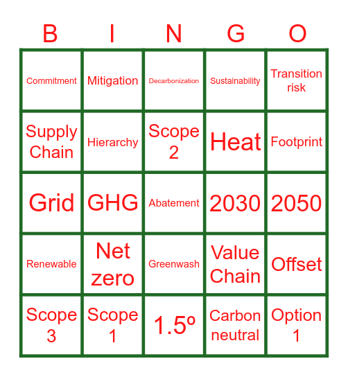 Net Zero Bingo Card