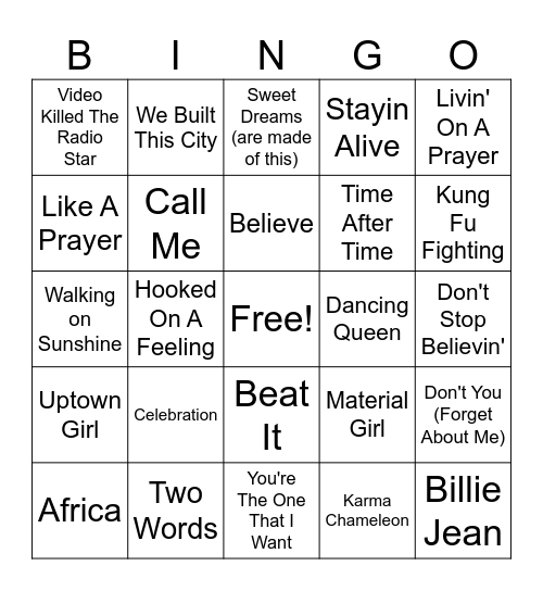 80's Music Bingo! Bingo Card