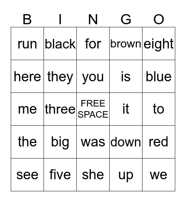 Sight Word Bingo Card
