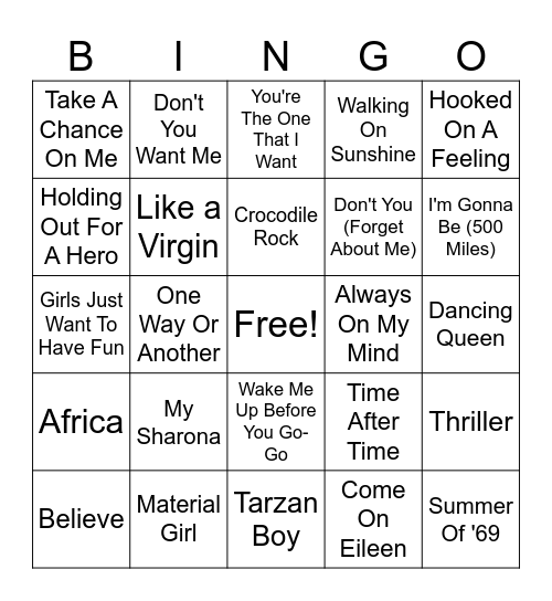 80's Music Bingo!! Bingo Card