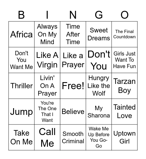 80's Music Bingo!! Bingo Card