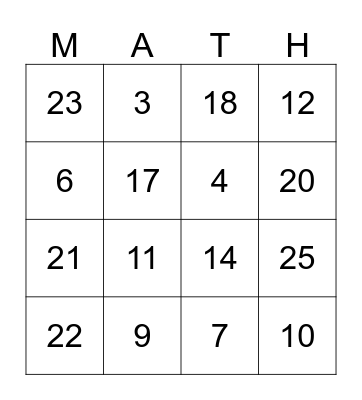 Math Facts Bingo Card