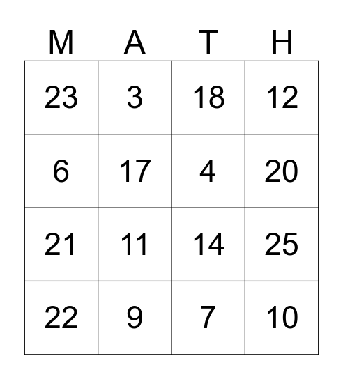 Math Facts Bingo Card