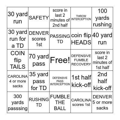 SUPER BOWL 2016 Bingo Card