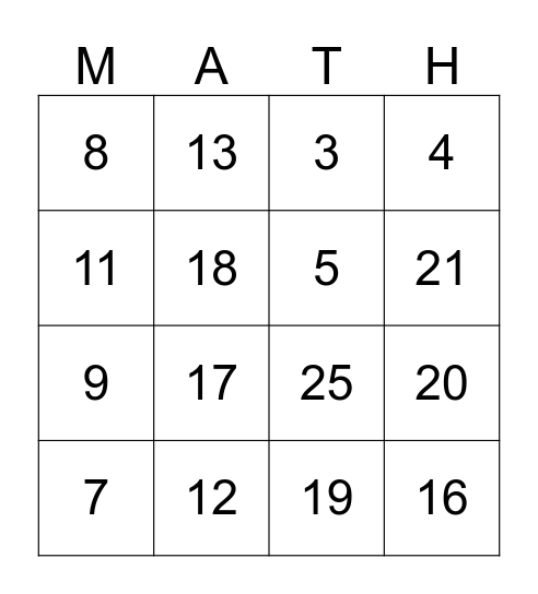 Math Facts Bingo Card